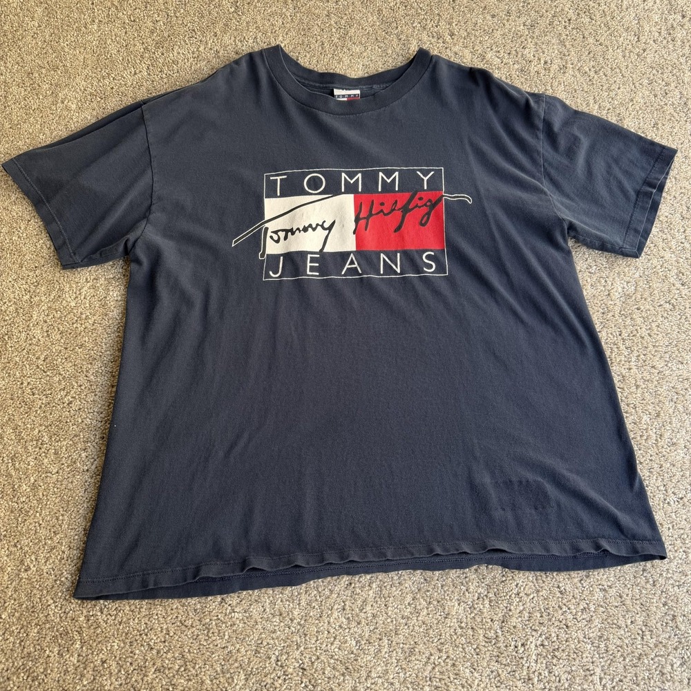 Vintage 90s Tommy Jeans Shirt Mens XL Blue Flag Logo Tee T-Shirt Hilfiger